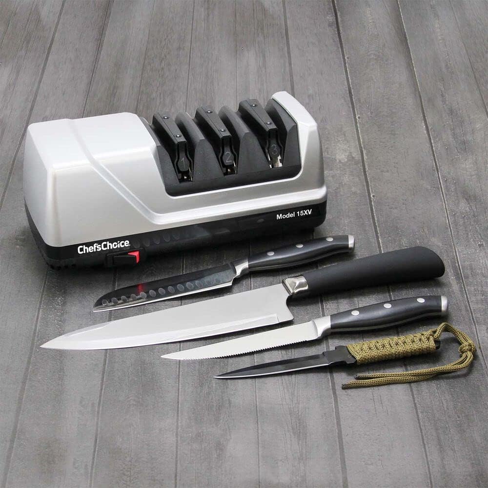 ChefsChoice 15XV EdgeSelect Professional Electric Knife Sharpener with 100-Percent Diamond Abrasives and Precision Angle Guides for Straight Edge and Serrated Knives, 3-Stage, Gray