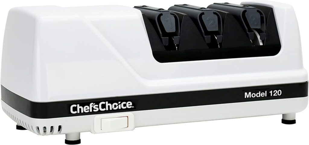 ChefsChoice Hone EdgeSelect Professional Electric Knife Sharpener for 20-Degree Edges Diamond Abrasives Precision Guides for, Straight and Serrated Knives Made in USA, 3-Stage, White