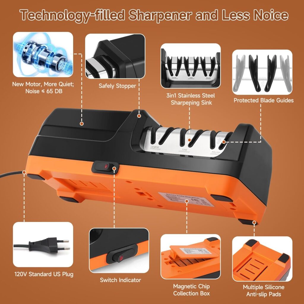 Electric Knife Sharpener, Professional Kitchen Knives Sharping kit with Diamond Abrasives and Precision Angle Guides 3-Stage Slots for Straight Blade Knives, Serrated Knives, Ceramic Knives