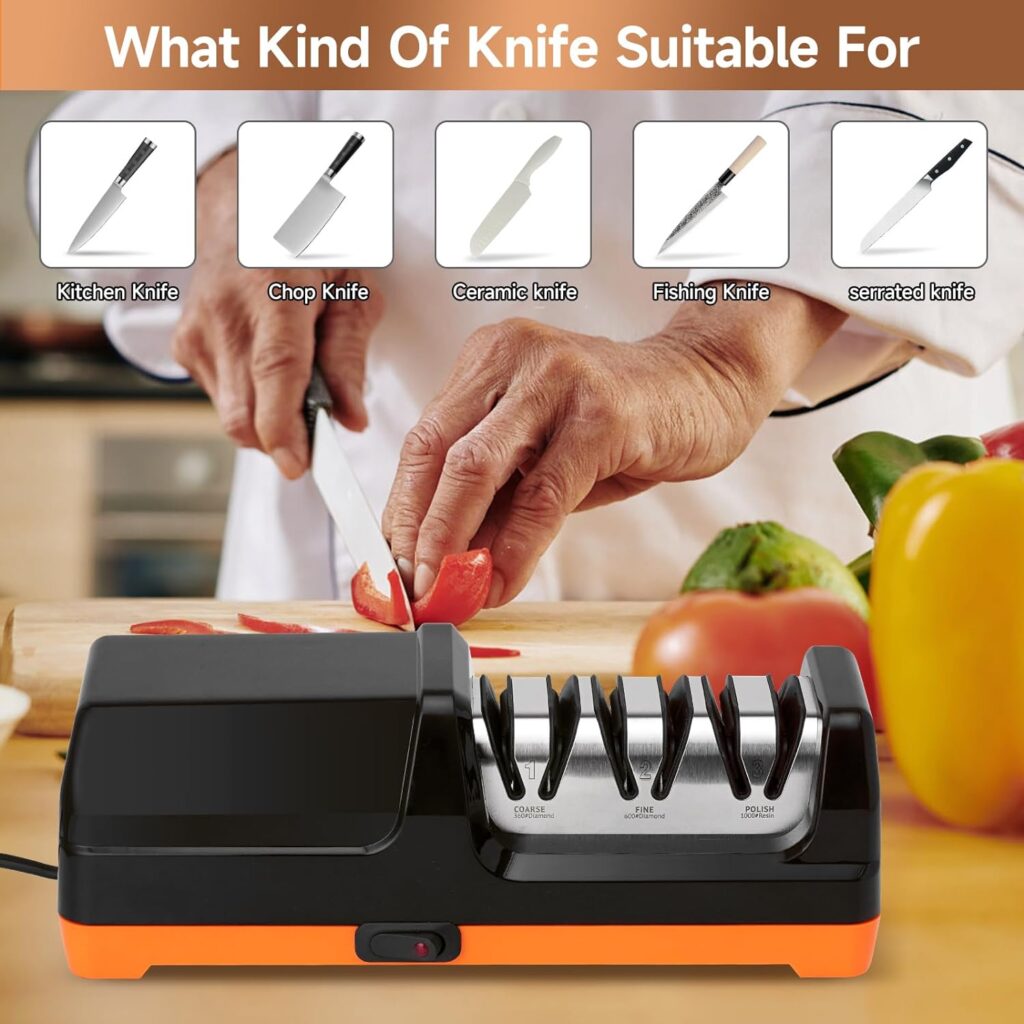 Electric Knife Sharpener, Professional Kitchen Knives Sharping kit with Diamond Abrasives and Precision Angle Guides 3-Stage Slots for Straight Blade Knives, Serrated Knives, Ceramic Knives