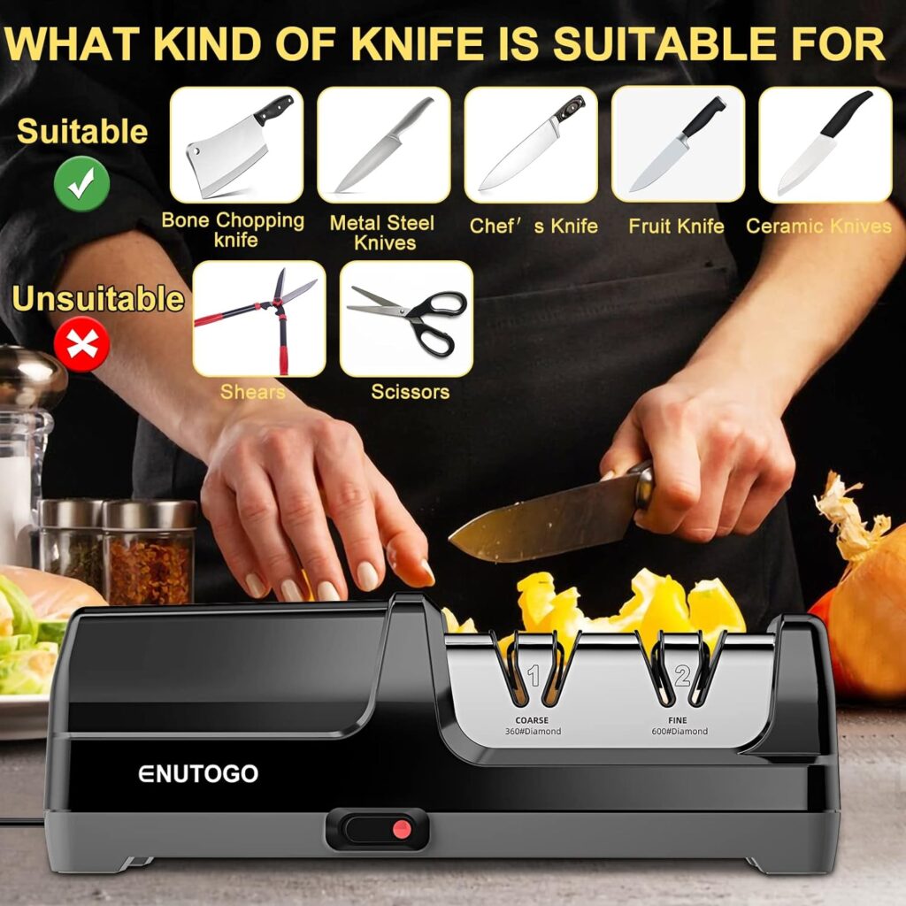 Enutogo Electric Knife Sharpener, Professional 2-Stages Knife Sharpeners with Diamond Abrasives for 20-Degree Straight Edge, Knife Sharpener for Kitchen Knives with Sharpening and Polishing, Black