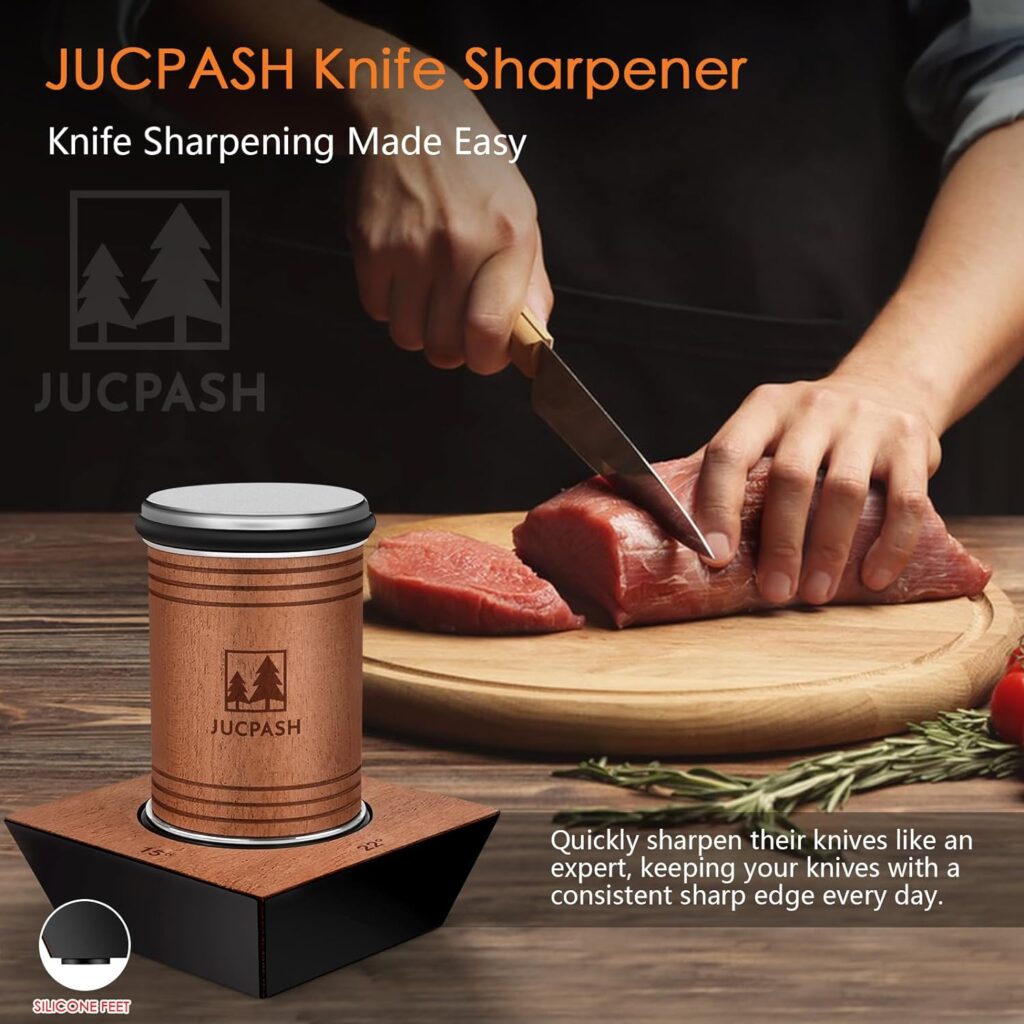 JUCPASH Rolling Knife Sharpener Kit for Straight Edge - Knife Sharpening with Leather Strop, Diamonds Discs and 15, 17, 20  22 Degree Magnetic Angles, Roller Knife Sharpener System for Kitchen Knives