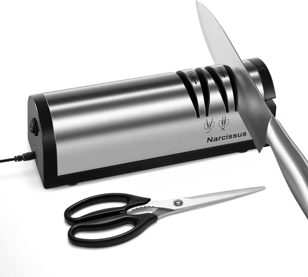 Narcissus Knife Sharpener, Professional 2 Stage Electric Knife Sharpener for Quick Sharpening  Polishing, with Scissors Sharpener and Metal Dust Collection Box, Stainless Steel, Silver