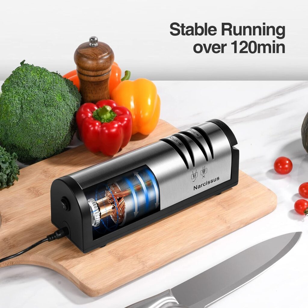 Narcissus Knife Sharpener, Professional 2 Stage Electric Knife Sharpener for Quick Sharpening  Polishing, with Scissors Sharpener and Metal Dust Collection Box, Stainless Steel, Silver