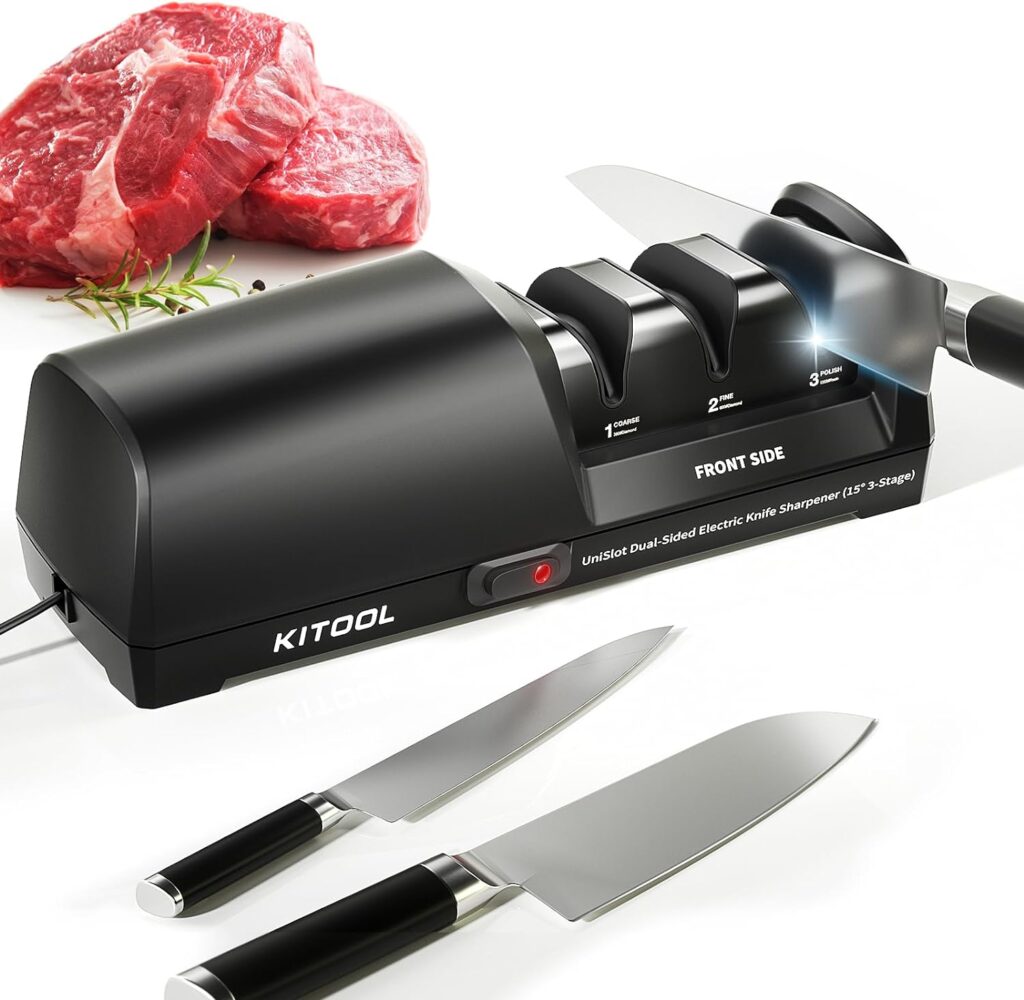 Professional Dual-Sided Electric Knife Sharpener with Diamond Abrasives and Precision Guides 3-Stage for Straight, Serrated, and Ceramic Knives