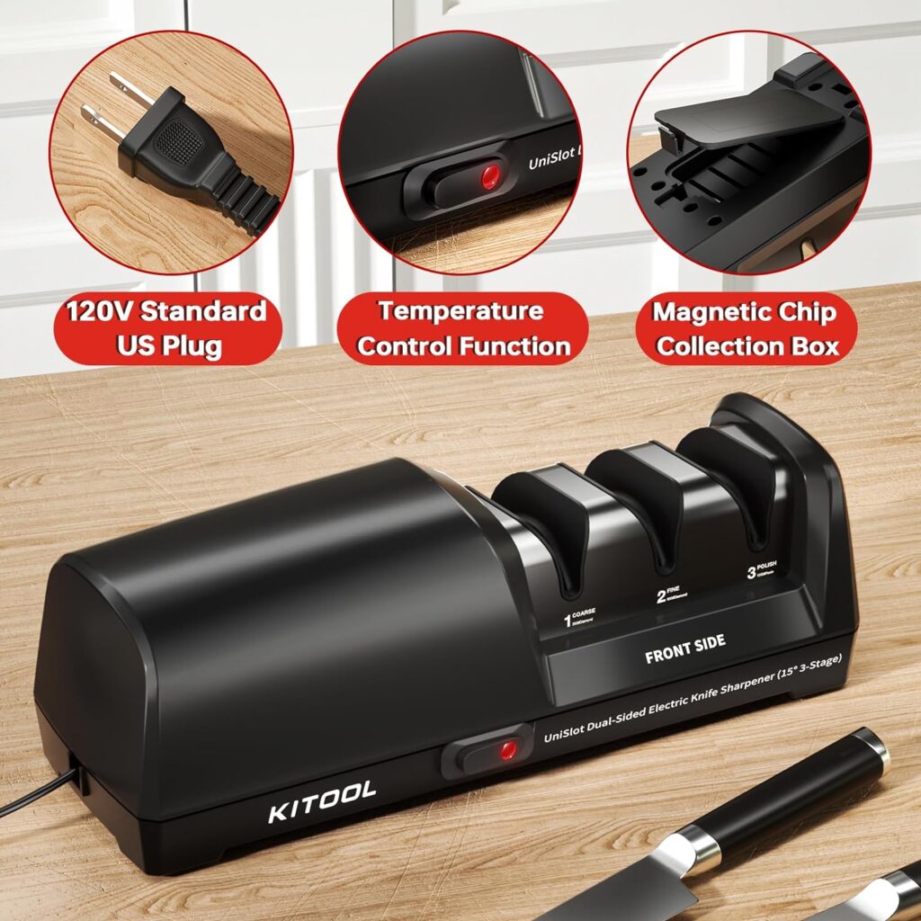 Professional Dual-Sided Electric Knife Sharpener with Diamond Abrasives and Precision Guides 3-Stage for Straight, Serrated, and Ceramic Knives
