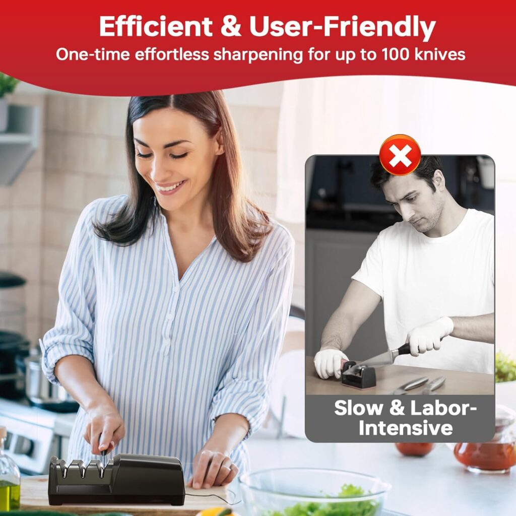 Professional Dual-Sided Electric Knife Sharpener with Diamond Abrasives and Precision Guides 3-Stage for Straight, Serrated, and Ceramic Knives