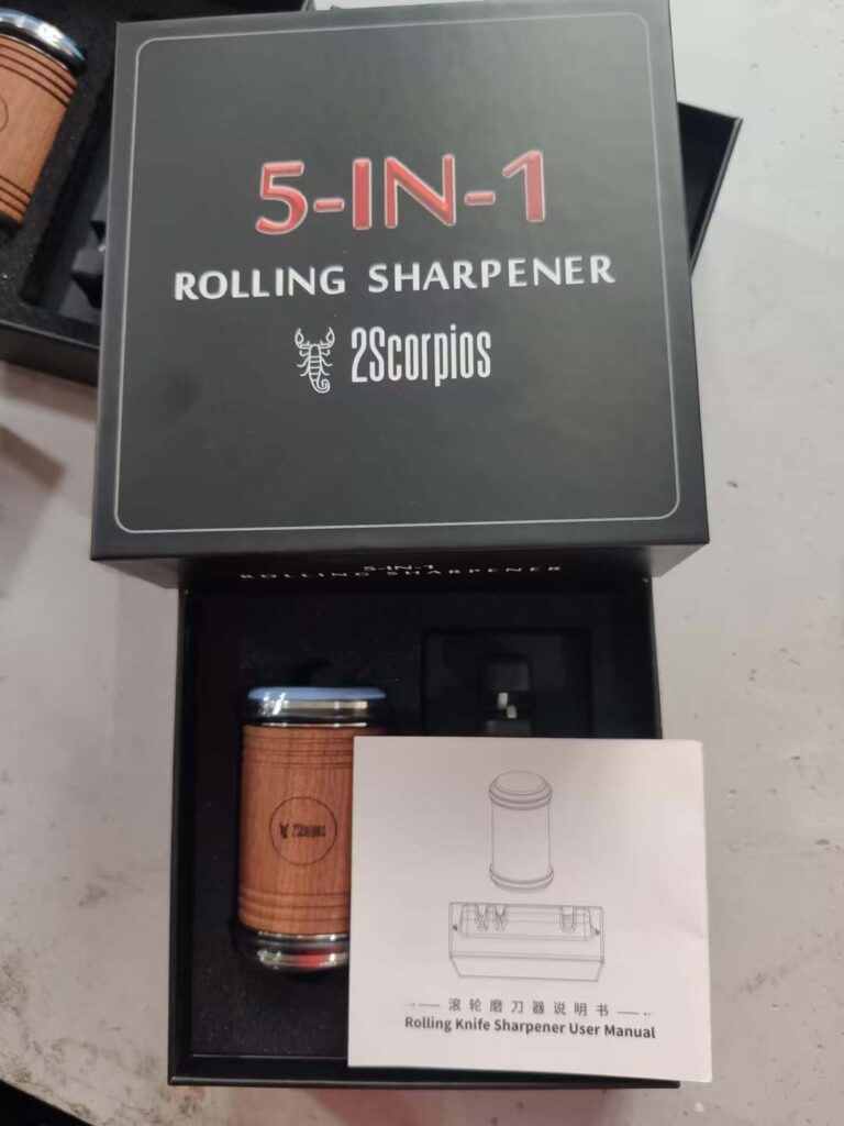 Rolling knife sharpener kit with built in coarse and fine grits (diamond + ceramic), scissor sharpener, and works with serrated and other blades! Easy to use + always have sharp knives!