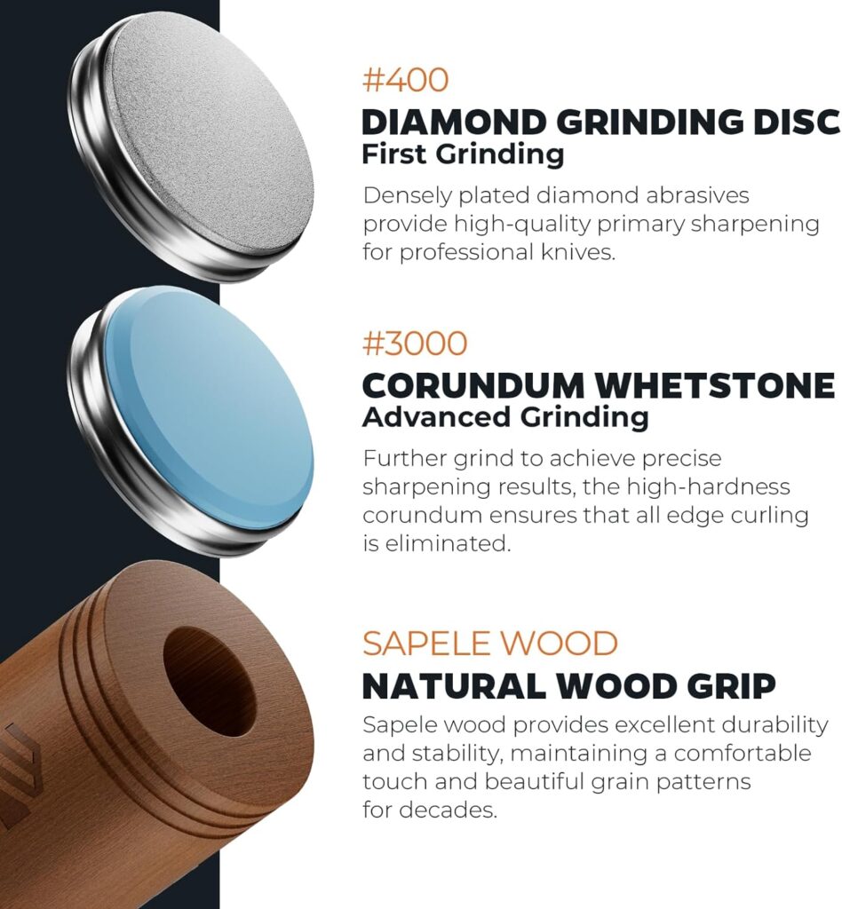 Rolling Knife Sharpener - Knife Sharpening Kit with Diamond and Corundum Discs for Steel of Any Hardness, 15 and 20 Degrees Magnetic Angle Base for Kitchen Knives, Chef Knife Set, Scissors