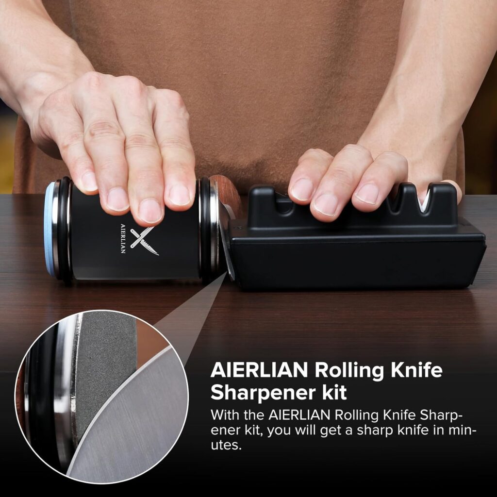 Rolling Knife Sharpener with Diamond and Ceramic Discs Suitable for Steel of any Hardness, Grind and Polish the Knife blades and Scissors, Magnetic Angle with 15  20 Degrees (Stainless steel roller)