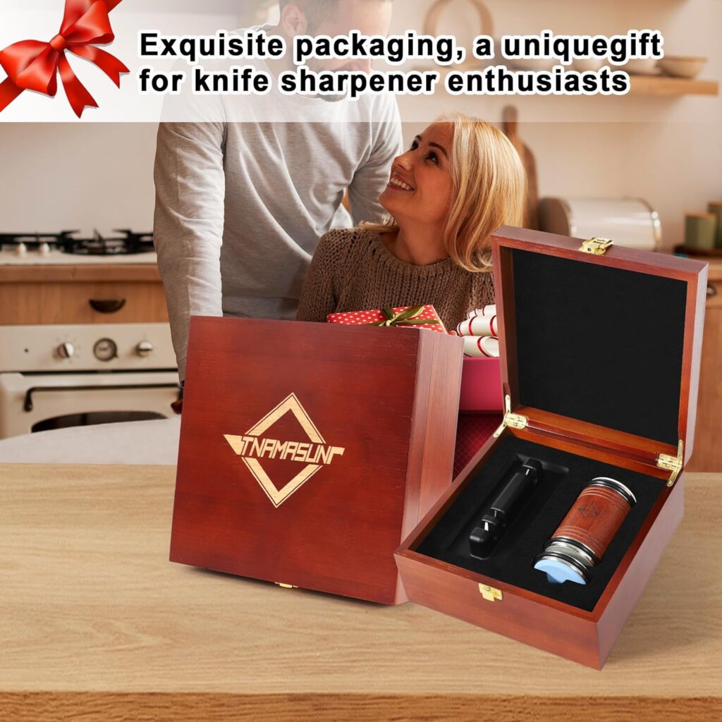 Rolling Knife Sharpener with Industry Diamonds, Knife Sharpener Tool Work for any Hardness of Steel, Knife Sharpening Magnetic Angle with 15/20°, Suitable for any Knives, High-end Wooden Box Packaging