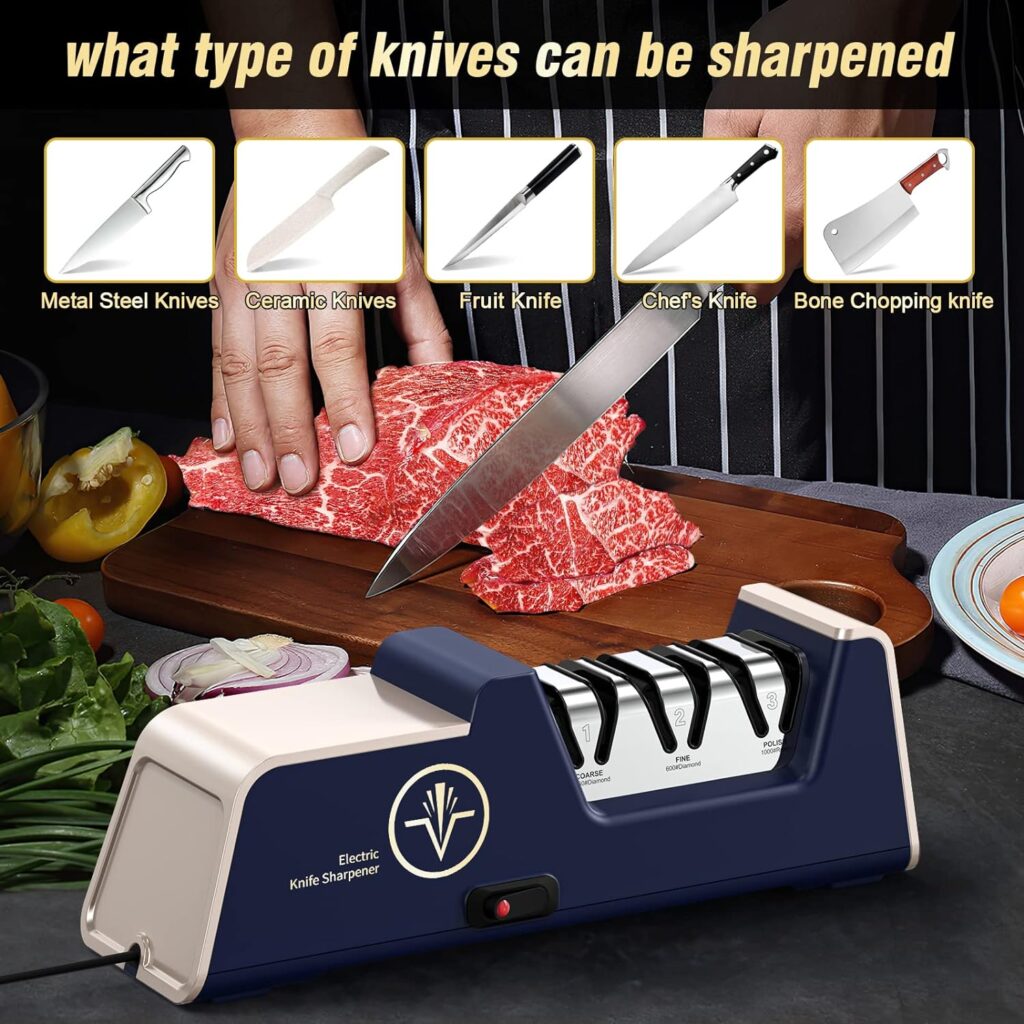 VIDOME Professional Electric Knife Sharpener with 100% Diamond Abrasives and Precision Angle Guides for Kitchen Straight EdgeCeramic Knife Work Sharp, 3-stage Champagne Gold, afilador de cuchillos