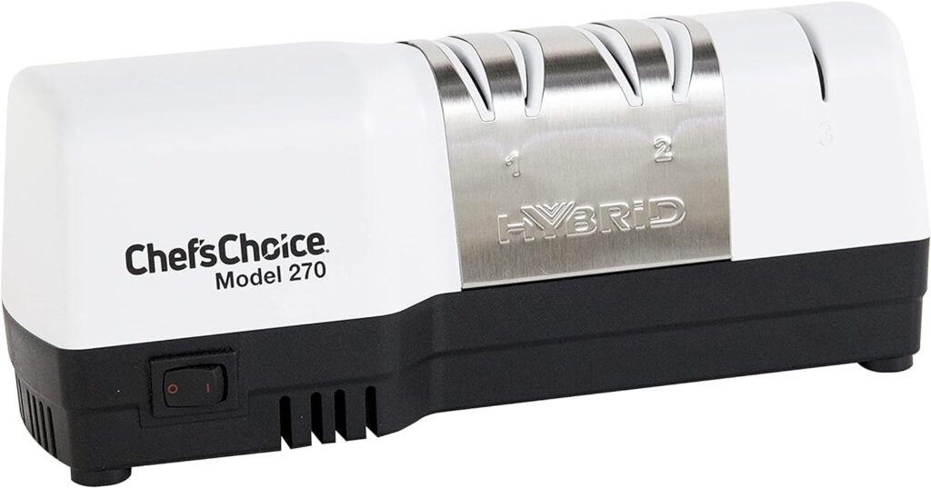 Chefs Choice Hybrid Diamond Hone Knife Combines Electric and Manual Sharpening for Straight and Serrated 20-Degree Knives, 3-Stage, White
