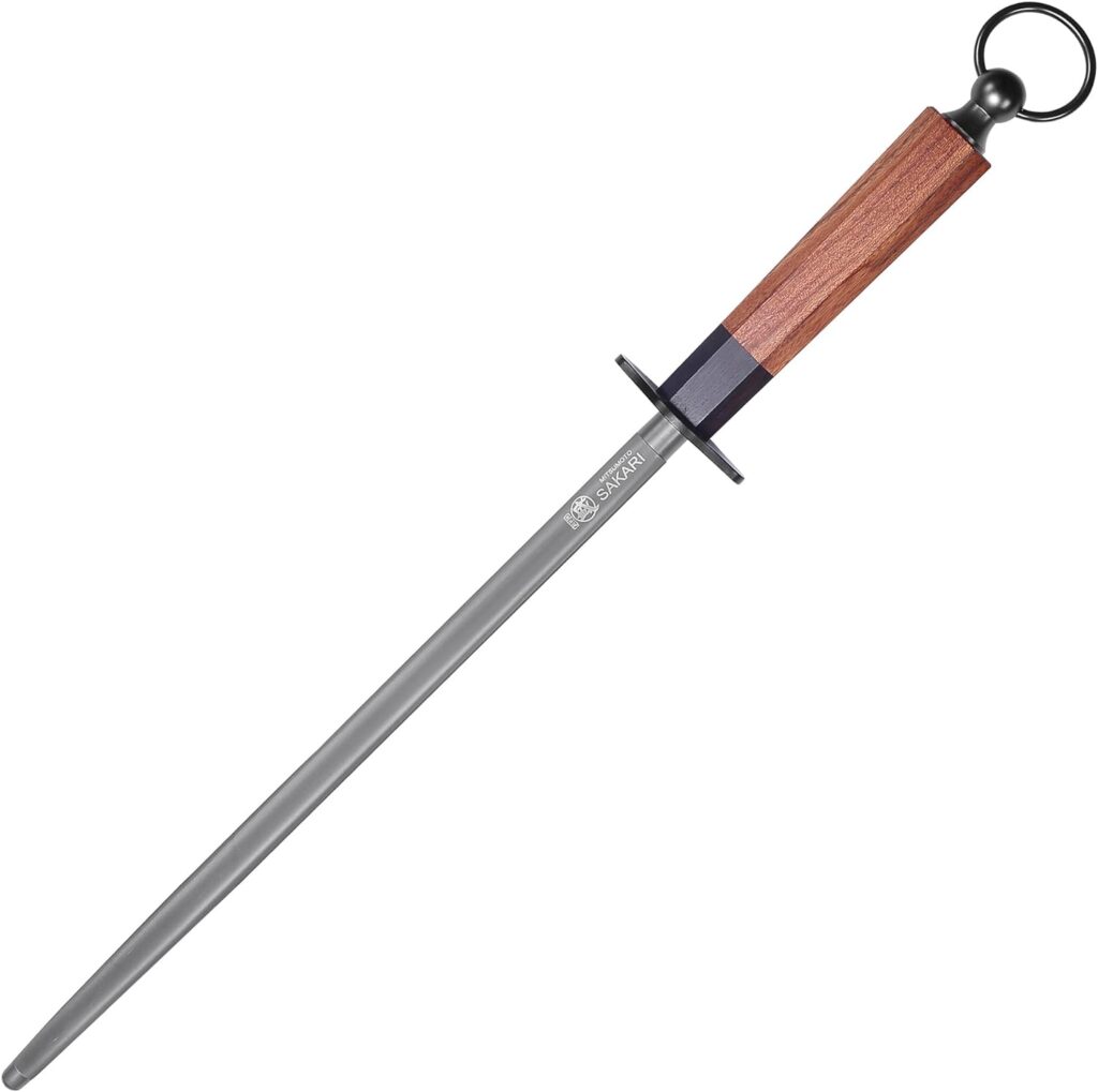 MITSUMOTO SAKARI 12 inch Japanese Knife Sharpening Honing Rod, Professional Kitchen Knife Sharpener, Japanese High Carbon Round Honing Steel (Acid wood handle  Gift Box)