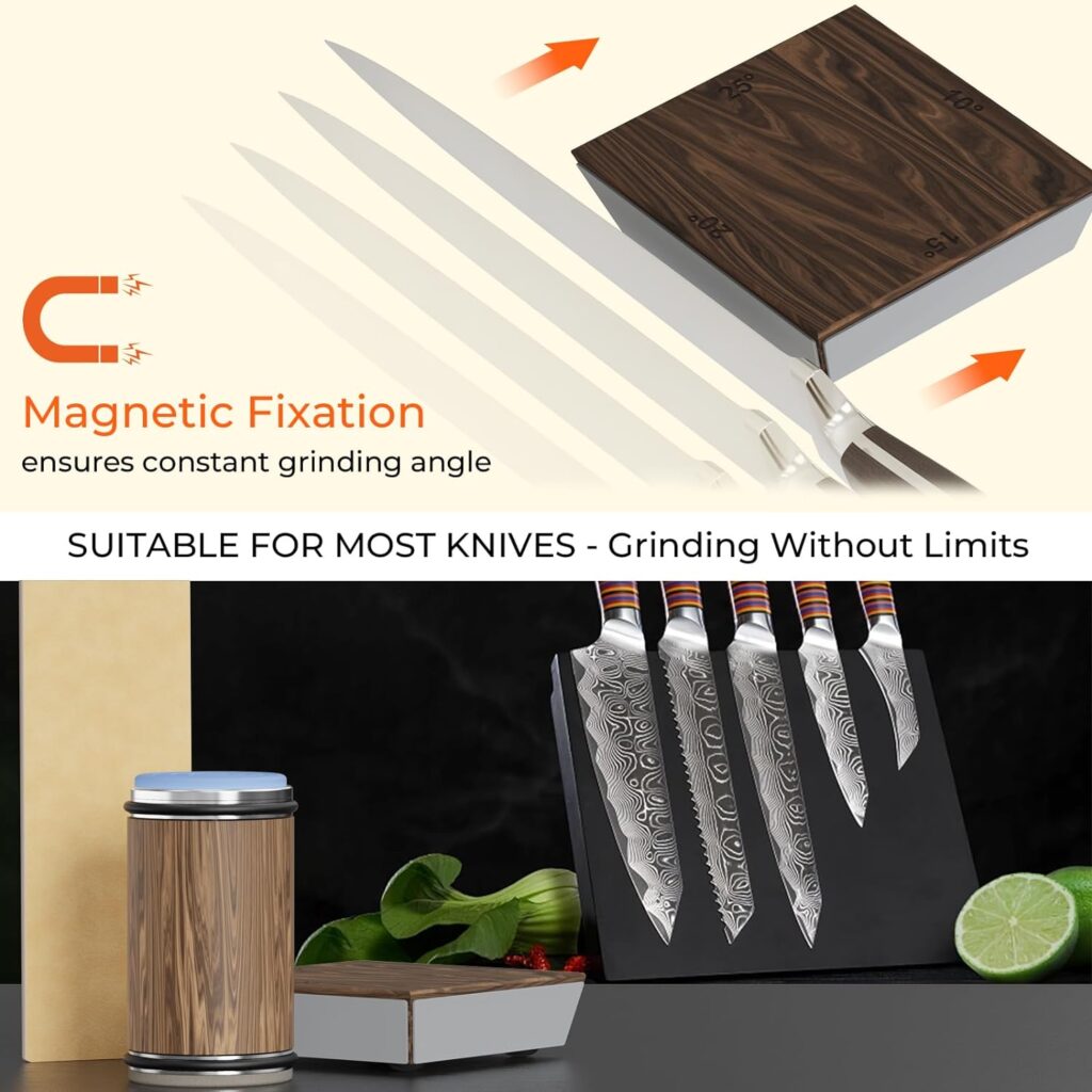 Rolling Knife Sharpener - Knife Sharpening Kit with Diamonds Discs Ceramic Discs and Leather for Steel of Any Hardness, Rolling Knife Sharpening System for Kitchen Knives,10/15/20/25 Degree Sharpening