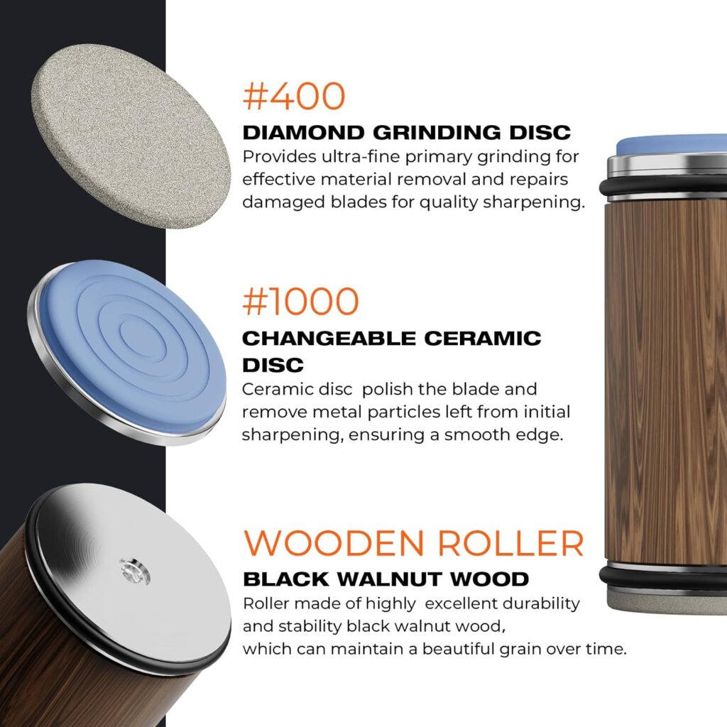 Rolling Knife Sharpener - Knife Sharpening Kit with Diamonds Discs Ceramic Discs and Leather for Steel of Any Hardness, Rolling Knife Sharpening System for Kitchen Knives,10/15/20/25 Degree Sharpening